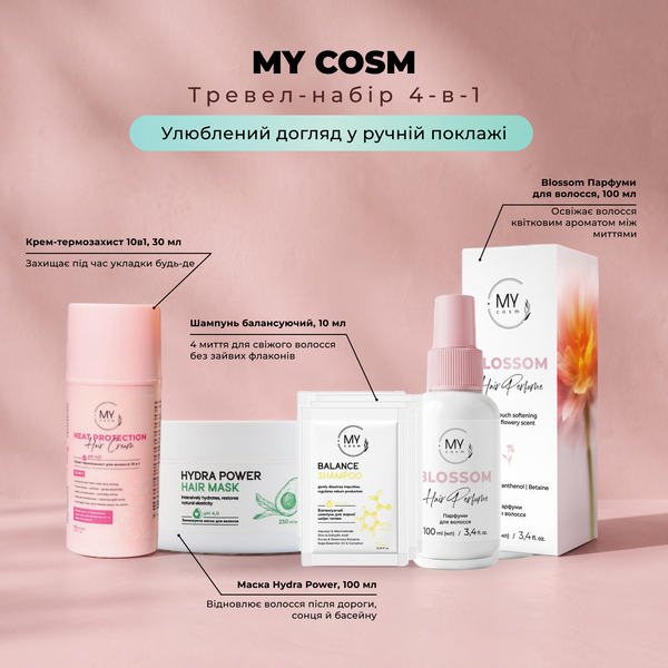 MY cosm Тревел-набір 4-в-1 (маска Hydra Power 100 + термозахист 30 + парфуми Blossom + 4 саше шампуню) SET0014 фото