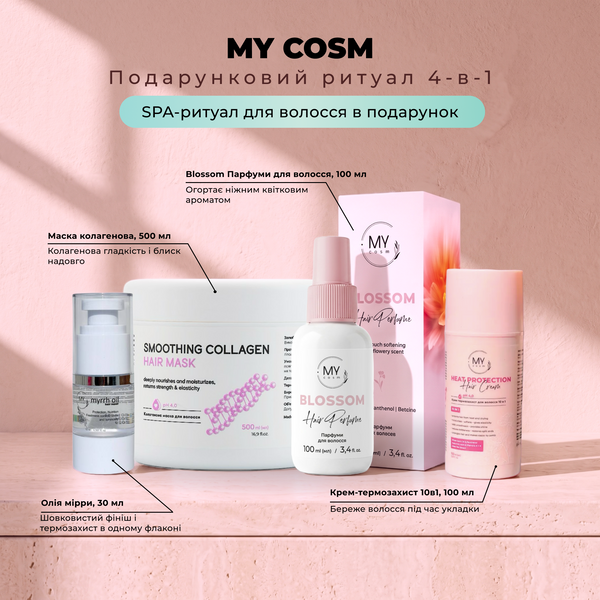 MY cosm Подарунковий ритуал 4-в-1 (колагенова маска 500 + олія мірри + термозахист + парфуми Blossom) SET0017 фото